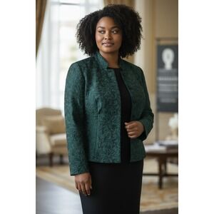 Dress Barn Woman Emerald Green Textured Jacquard Collarless Blazer Jacket 14W